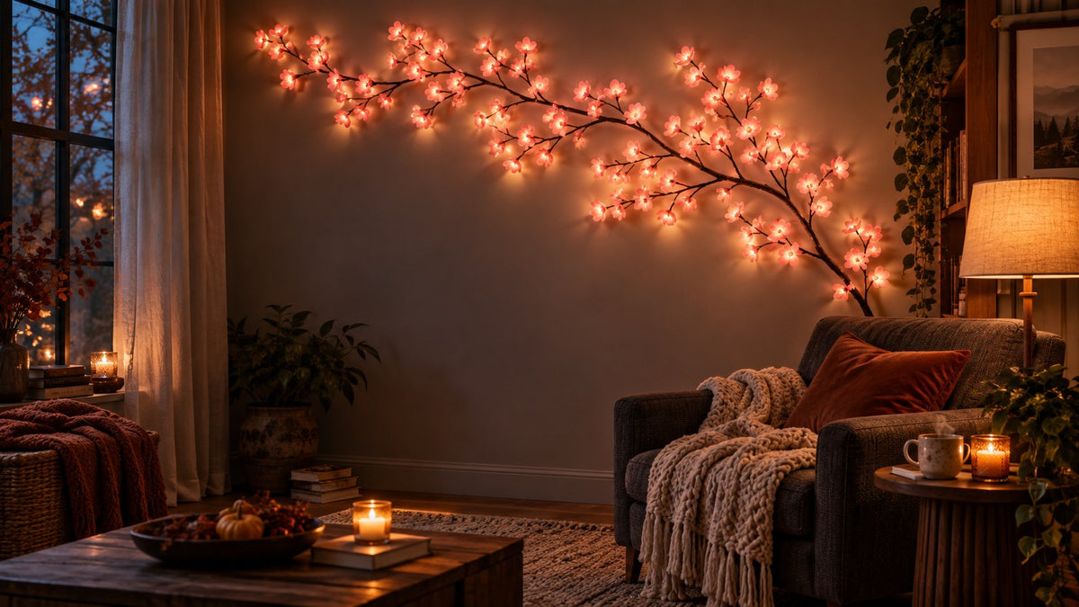 Cherry blossom branch light glowing pink on a living room wall at night