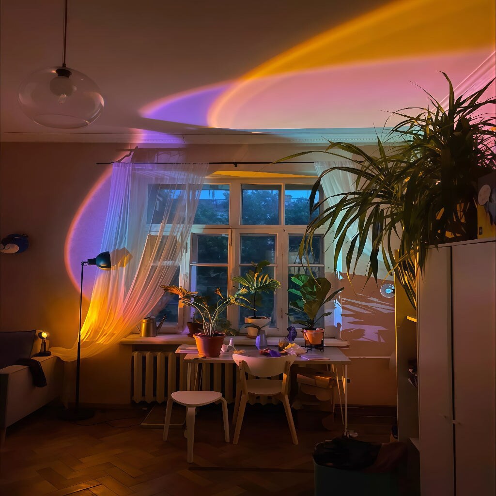 Sunset lamp glowing across a cosy room at night