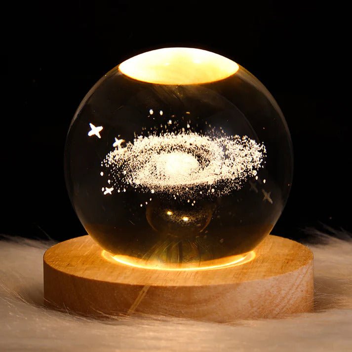 Astrosphere Crystal Ball Lamp with Galaxy Design on Wooden Base – Celestial Night Light for Home Decor and Relaxation