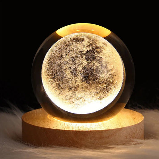 Astrosphere Crystal Ball Lamp with Moon Design on Wooden Base – Celestial Night Light for Home Decor and Relaxation