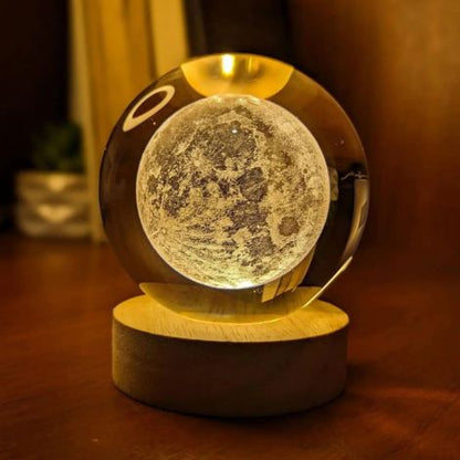 Astrosphere Crystal Ball Lamp with Moon Design on Wooden Base – Celestial Night Light for Home Decor and Relaxation