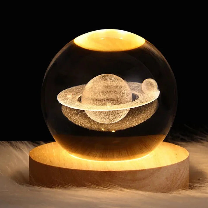 Astrosphere Crystal Ball Lamp with Saturn Design on Wooden Base – Celestial Night Light for Home Decor and Relaxation