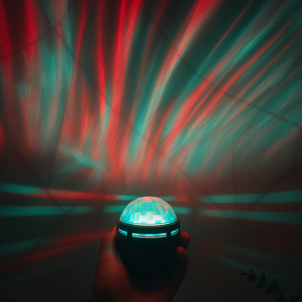 Hand holding Astrolamps™ Nova with red and green laser lights on a dark background