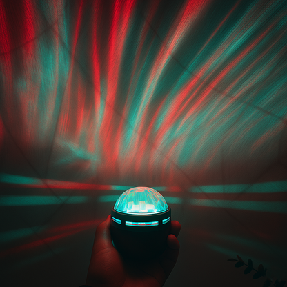 Hand holding Astrolamps™ Nova with red and green laser lights on a dark background