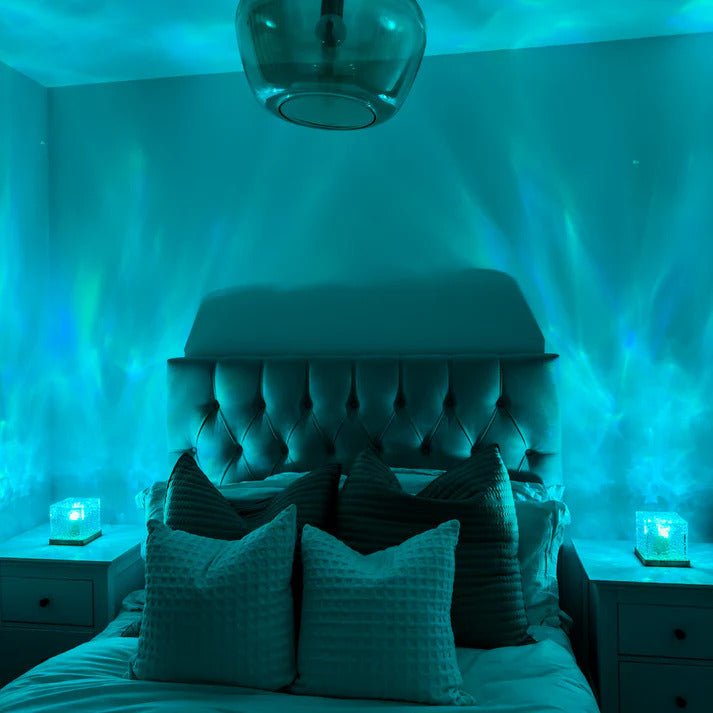 Bedroom illuminated with calming blue light from Wave Projector Water Ripple Lamp – Perfect for Ambient Lighting and Relaxing Home Decor