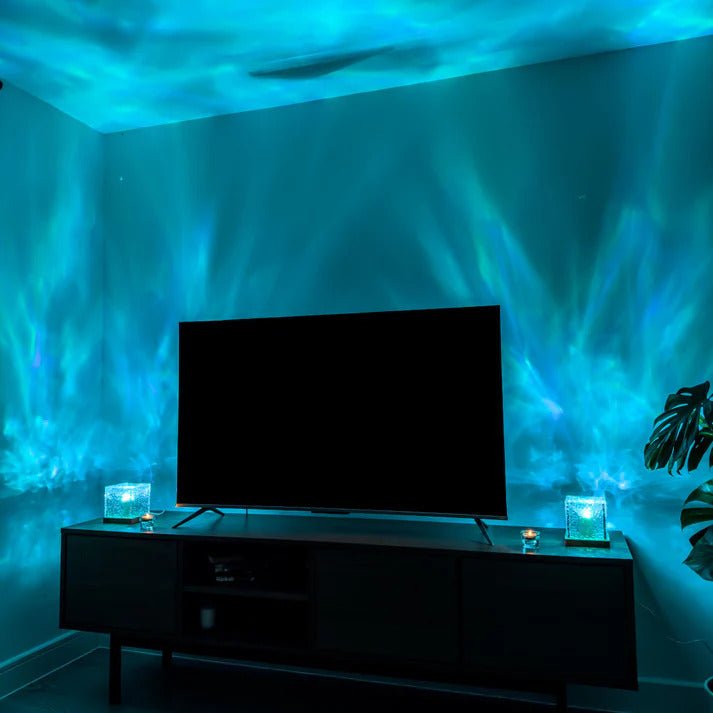 Living room illuminated with calming blue light from Wave Projector Water Ripple Lamp – Perfect for Ambient Lighting and Relaxing Home Decor