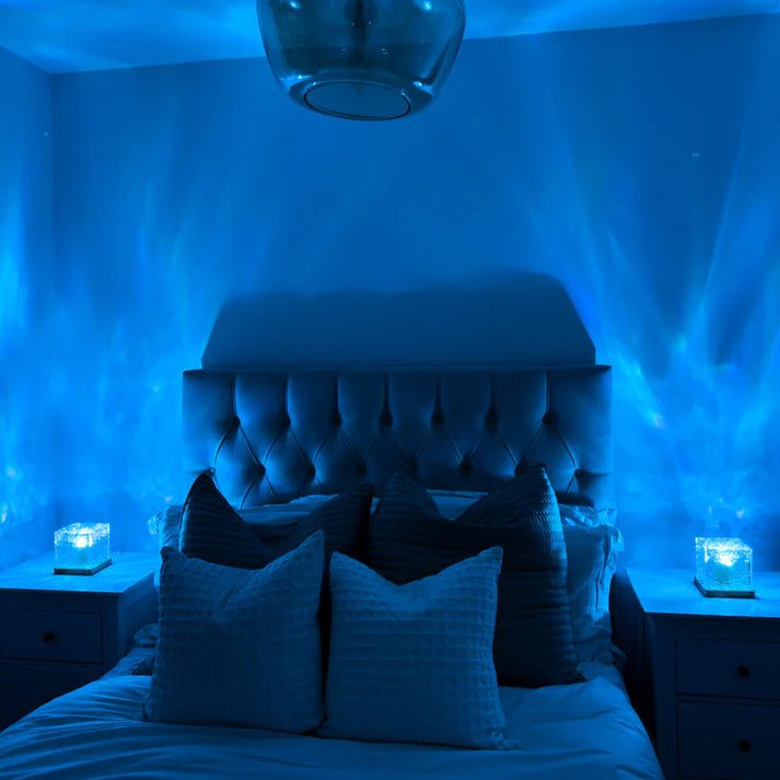 Serene bedroom illuminated with calming blue light from Wave Projector Water Ripple Lamp – Perfect for Relaxing Mood Lighting and Home Decor