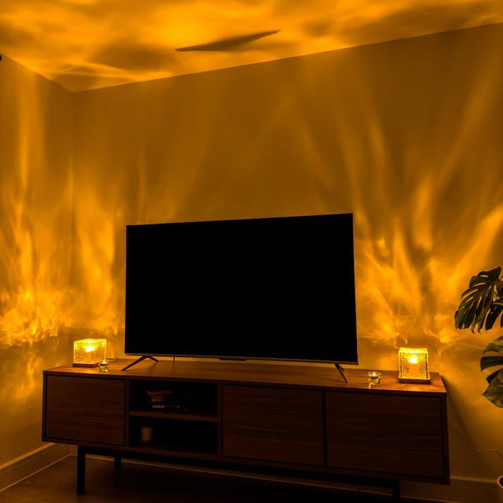 Living room bathed in warm yellow light from Wave Projector Water Ripple Lamp – Ideal for Cozy Ambient Lighting and Home Decor